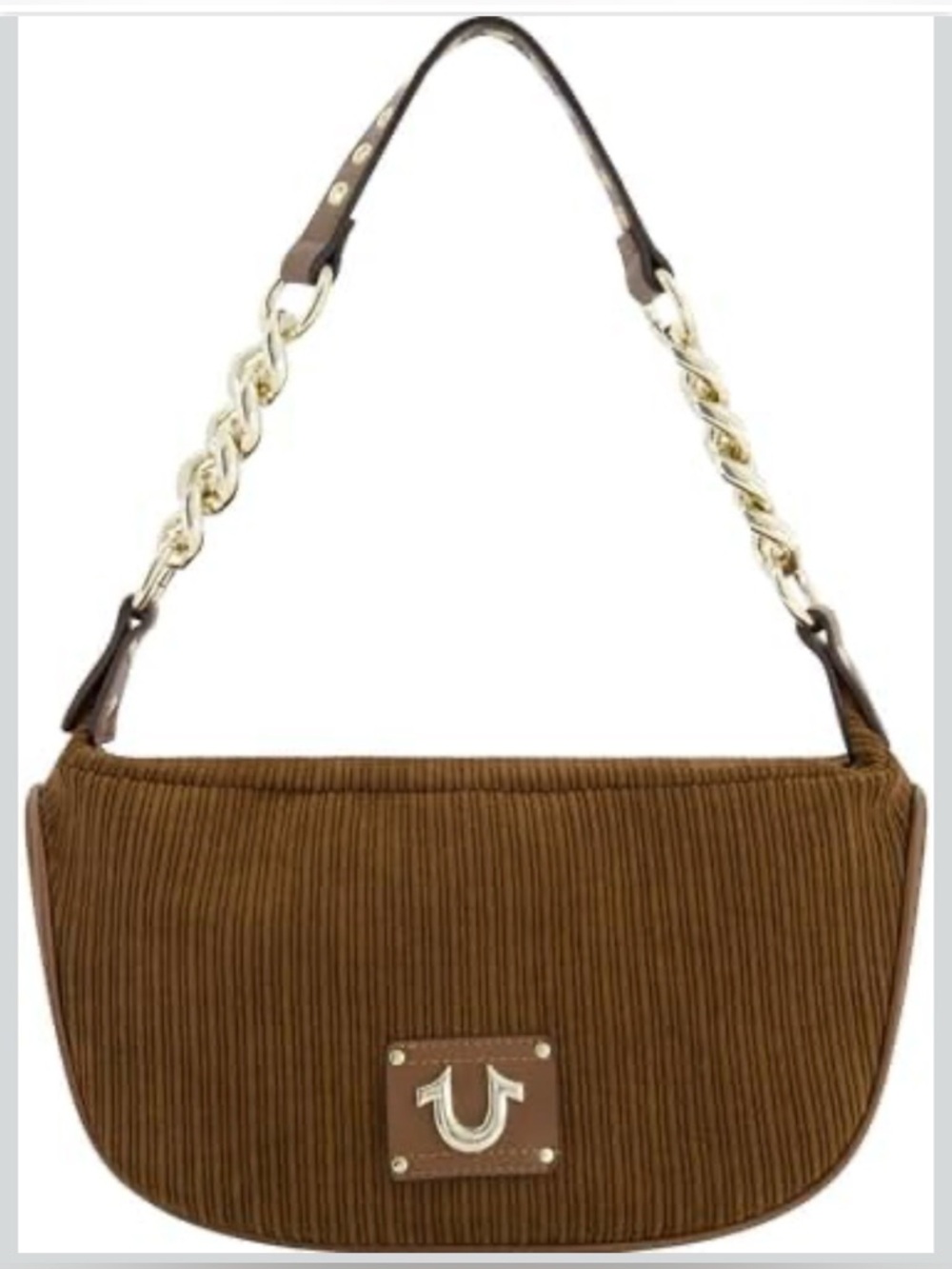 Brown True Religion Corduroy Hobo Shoulder Bag Gold Chain Strap Signature Logo